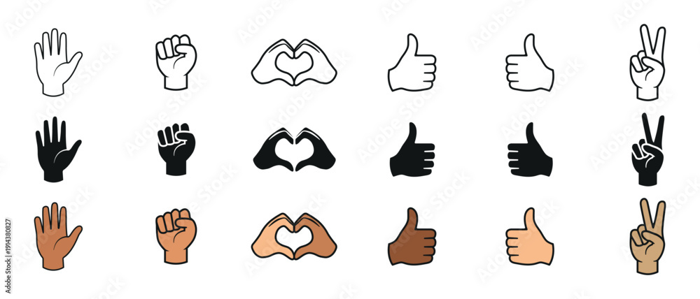 Obraz premium Inclusive Hand Gesture Icon Set – Diversity, Love, Support & Social Media Reaction Vector Collection