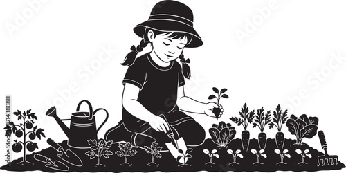 Young girl silhouette wearing a hat, happily planting vegetable seedlings in a garden bed with gardening tools.