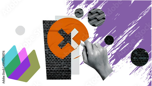 Abstract Mixed Media Collage of Hand Peeling Sticker To Reveal Brick Texture and Graphic Design
