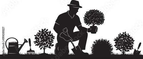 Gardener silhouette with hat planting a small tree from a pot, surrounded by gardening tools and diverse plants.