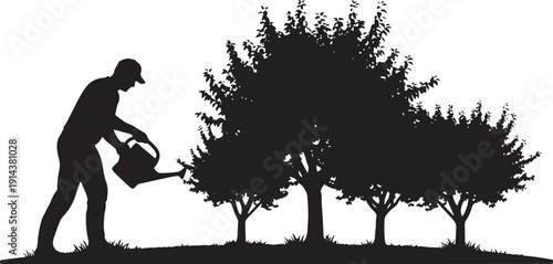 Man silhouette with a watering can watering a row of young trees, illustrating care and nurturing plant growth.