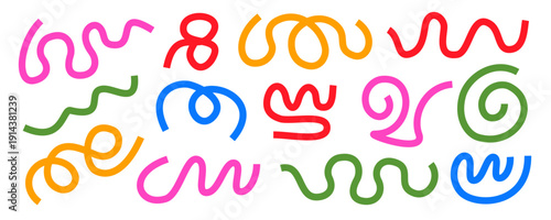 Colorful abstract doodle wavy line shapes, squiggle color wave confetti, cute carnival confetti ribbons for kid birthday party, colorful swirls and curves, line squiggles elements