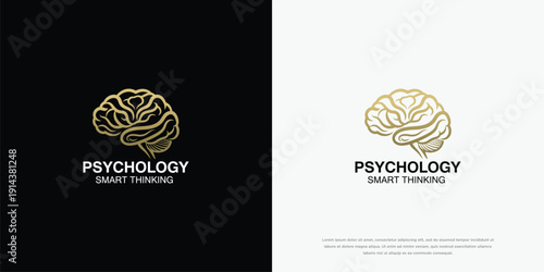 Psychology Logo Golden Brain Smart Thinking Mental Health Mind Concept.