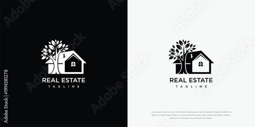 Real Estate Logo House and Tree Silhouette Modern Minimalist Design.