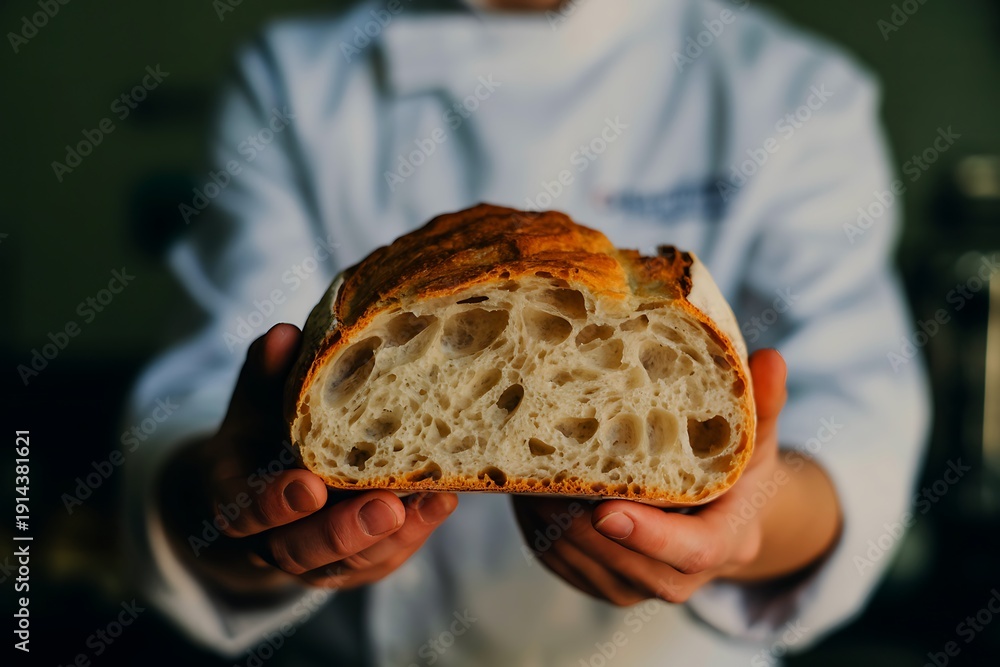 Fototapeta premium Artisan baker presenting freshly baked crusty bread loaf