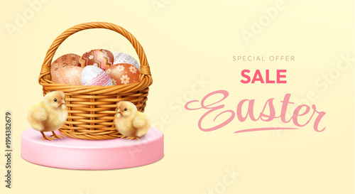 Wicker basket filled with decorated Easter eggs and cute chicks on podium with sale text. Festive spring composition for holiday promotions, banners, and seasonal advertising.