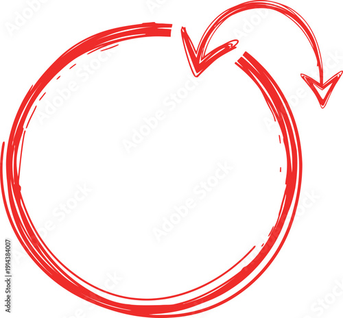 Dynamic red handdrawn scribble circle with rotating arrows emphasizing continuous process or refresh cycle graphic element