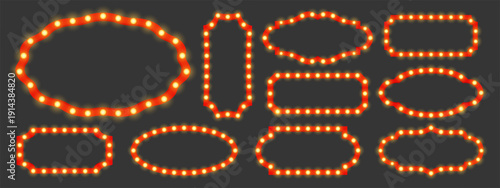 Set of retro glowing frames with light bulbs isolated on dark background for vintage signage, theater, carnival, holiday and promo design