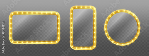 Set of glowing golden frames with light bulbs for vintage signage, theater, carnival, holiday and promo design