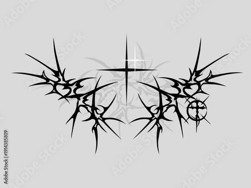 Neo tribal cyber sigilism abstract symmetrical vector with star and cross ornament, gothic dark aesthetic design for tattoos, apparel, and prints