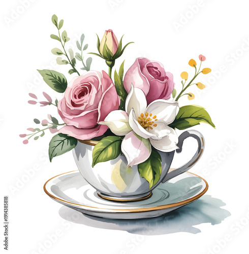 Vintage striped porcelain cup with soft pink rose blossoms in watercolor.

