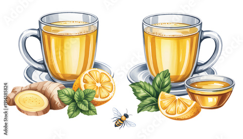 Natural lemon ginger tea arrangement with honey and botanical details in watercolor.
