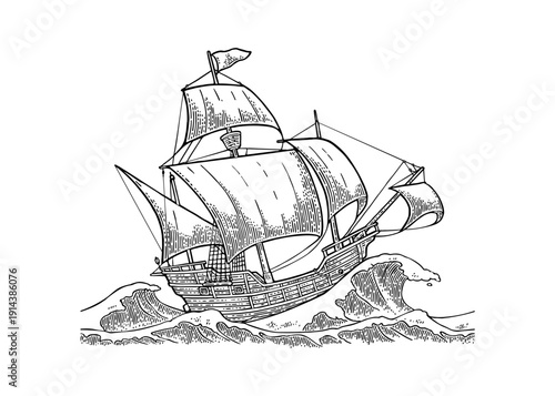 Sailing ship sails in a stormy sea with big waves. Vector vintage black engraving illustration Caravel Santa Maria for poster Day Columbus. Hand drawn graphic style.