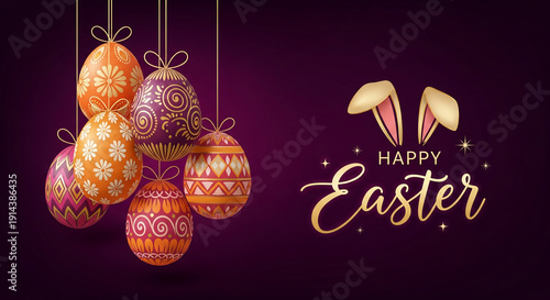 Ornate Easter eggs hanging against a dark purple background with golden bunny ears and the phrase 