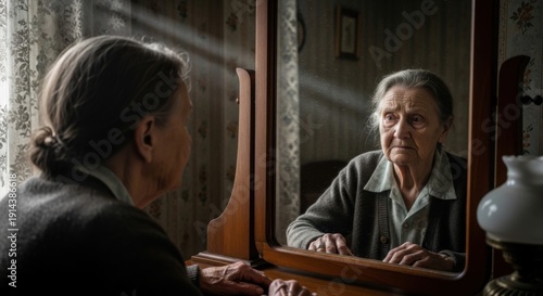 Elderly woman looking at reflection in mirror, contemplating aging