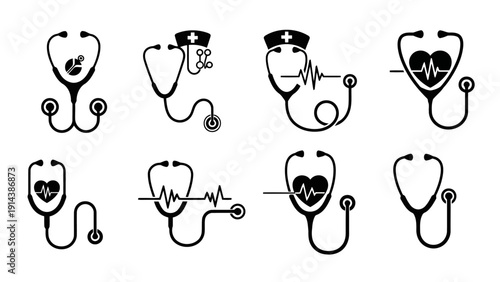 Minimalist Stethoscope Vector Icons Healthcare Doctor Nurse Heartbeat Symbols Set EPS10 Stock.eps