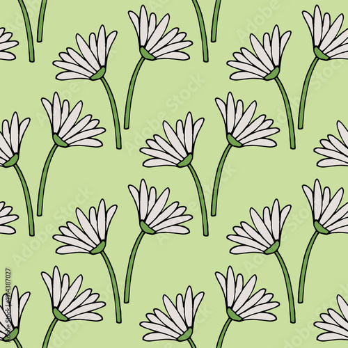 Seamless pattern with positive chamomile on light green background.eps
