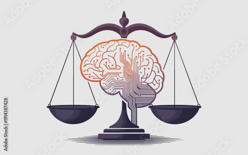 Intelligent brain weighing scales balancing technology and human thought concept for legal decisions justice system or artificial intelligence innovation representing cognitive processing and ethical
