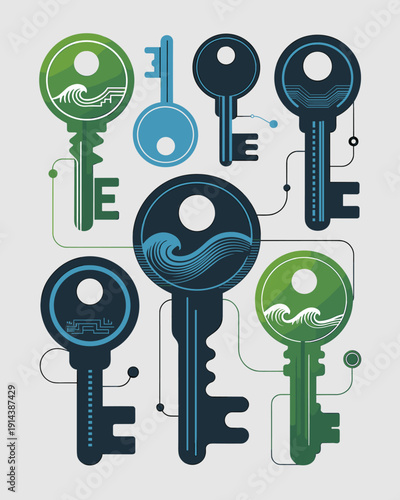 Collection of abstract digital keys in various colors and styles representing access security data encryption and innovative technology solutions for modern business success concepts