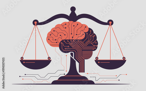 Digital brain on scales of justice balancing technology and intellect concept for law technology innovation legal tech artificial intelligence and smart decision making in modern business and science