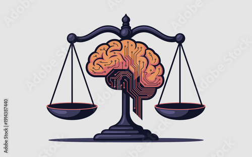 Digital brain on balance scales weighing technology and intelligence concept for legal decisions artificial intelligence ethical choices data analysis balancing mind and machine abstract representatio
