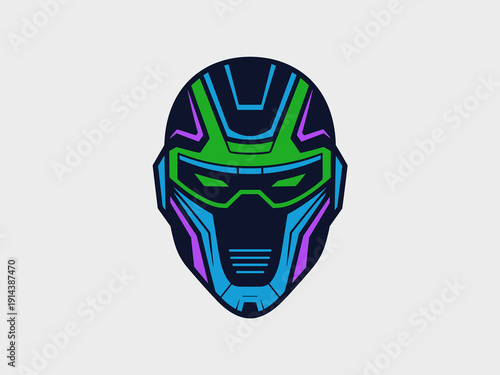 Futuristic sci fi robot head icon with glowing neon green blue and purple accents abstract digital character illustration for technology gaming science fiction and esports concepts