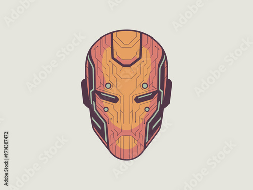 Futuristic robot mask head with circuit board patterns and glowing eyes abstract technology concept illustration for science fiction gaming ui design and digital art projects