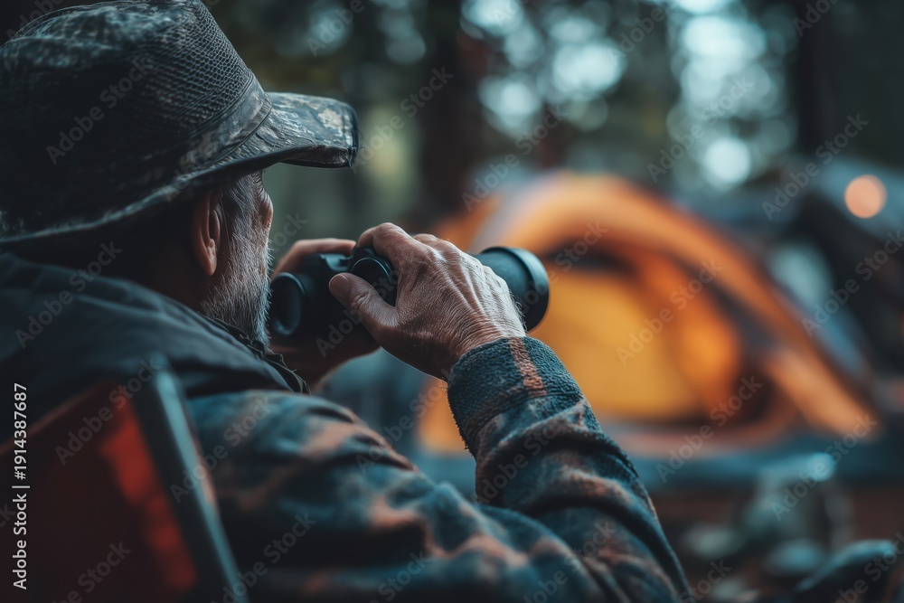 Fototapeta premium close-up of a man sitting on a camping chair, holding binoculars and looking at a tent in a campsite Generative AI