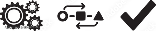 Black and white of gears arrows shapes and checkmark circle