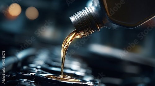 Golden motor oil pouring from a bottle into a car engine, close up stream showing clean lubricant during maintenance and oil change for vehicle protection and performance