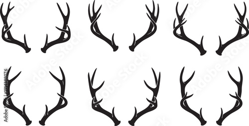 Black silhouette of multiple deer antler pairs on white background antlers deer antlers