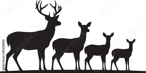 Black silhouette of deer family on white background