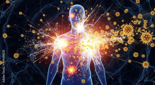 Human body fighting infection with immune system response