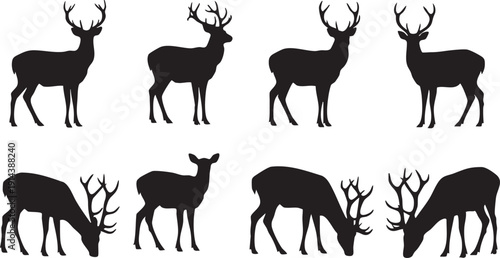Black silhouettes of deer in various poses on white background animals 2