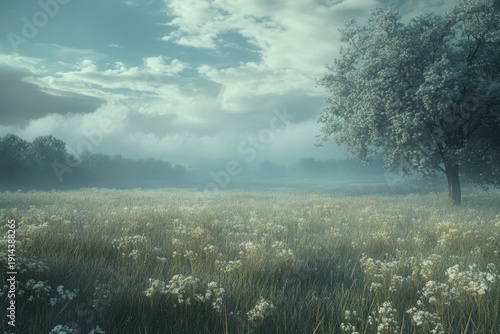 Misty morning in a tranquil meadow with blooming flowers and gentle trees