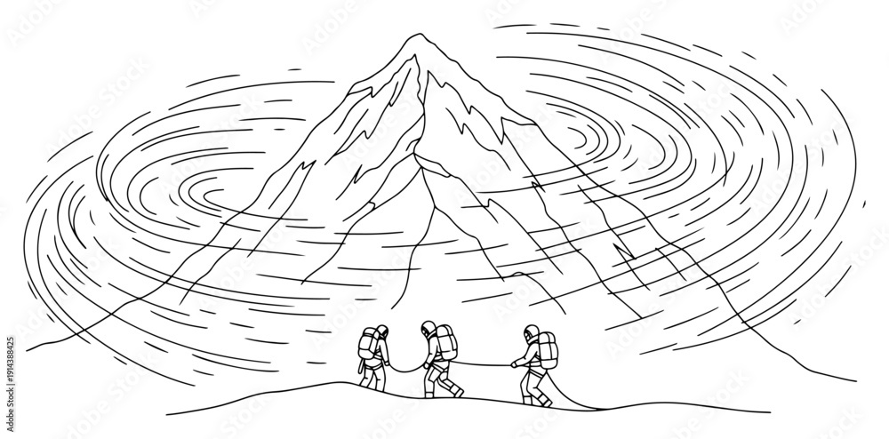 Fototapeta premium Winding river flowing through mountain valley landscape one line drawing. Scenic nature view with pine trees and hills in continuous line art style.