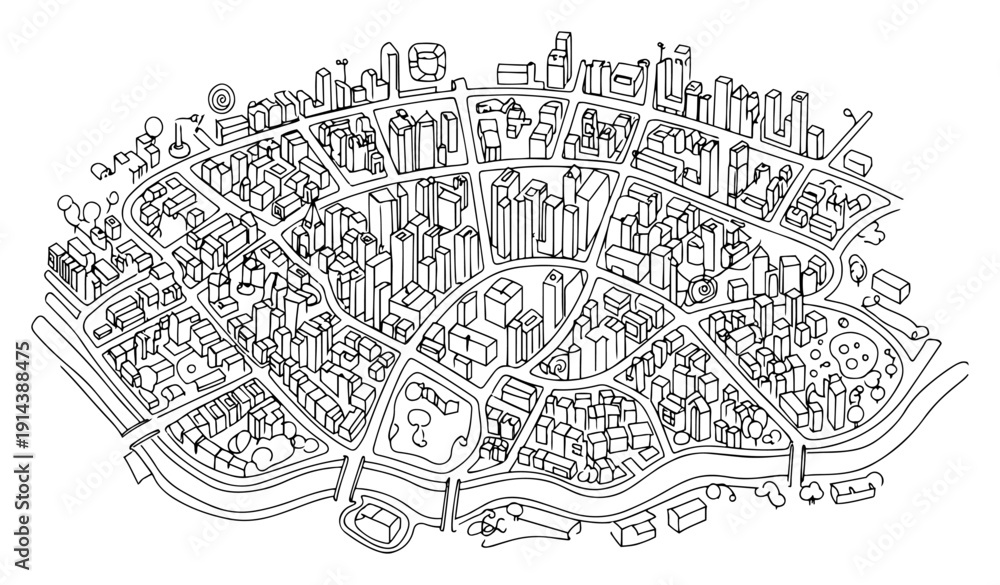 Obraz premium Aerial city map view one line drawing. Urban planning and metropolitan architecture concept in continuous line art style. Smart city layout with buildings and streets.
