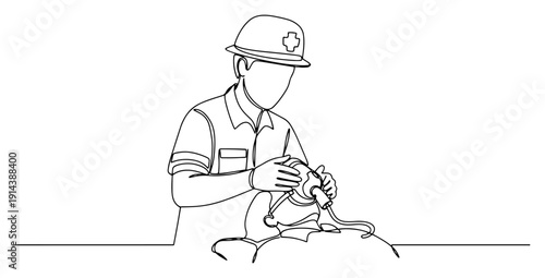 Paramedic providing first aid with oxygen mask one line drawing. Professional medical emergency responder helping unconscious patient. First aid assistance and healthcare concept.
