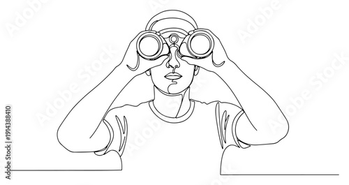 Man looking through binoculars one line drawing. Discovery, vision and exploration concept in continuous line art style. Searching for opportunities, birdwatching or spying.