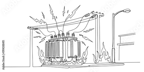 Electrical transformer fire disaster one line drawing. Power line short circuit with lightning sparks and flames. Electric grid emergency and energy infrastructure accident concept.