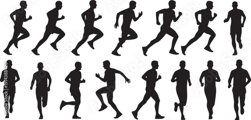 Black silhouettes of men running and jogging in various poses