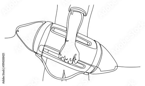 Lifeguard holding rescue buoy torpedo one line drawing. Beach safety, water rescue and emergency responder concept in continuous line art style. Summer vacation security.