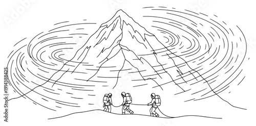 Winding river flowing through mountain valley landscape one line drawing. Scenic nature view with pine trees and hills in continuous line art style.