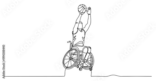 Wheelchair basketball player shooting ball one line drawing. Para sports athlete and disabled person activity concept in continuous line art.