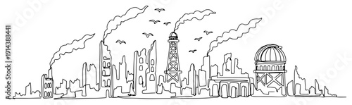 Industrial factory skyline with smoke one line drawing. Air pollution, global warming and climate change environmental concept in continuous line art.
