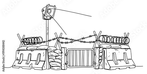 Military checkpoint with barbed wire and sandbags one line drawing. Border security, war zone and forbidden area concept in continuous line art.