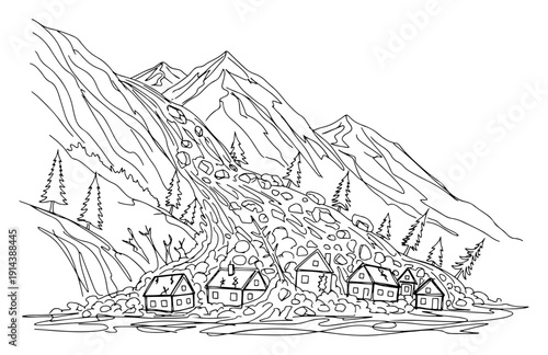 Landslide and mudslide hitting village houses in mountains one line drawing. Natural disaster and environmental catastrophe concept in continuous line art style. Avalanche emergency.