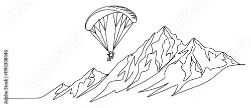 Paragliding over mountain peaks one line drawing. Extreme outdoor sport and paraglider flying in sky. Adventure vacation and freedom concept in continuous line art.