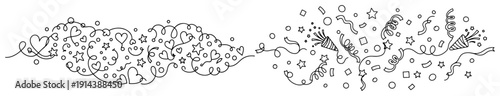 Party celebration confetti and romantic hearts border one line drawing. Decorative divider set with streamers and stars. Festive event ornament concept in continuous line art.