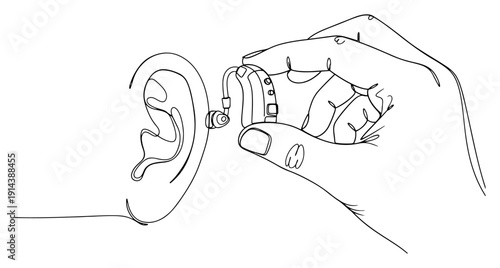 Hearing aid application for ear one line drawing. Deafness treatment and auditory device for hearing impaired people in continuous line art.